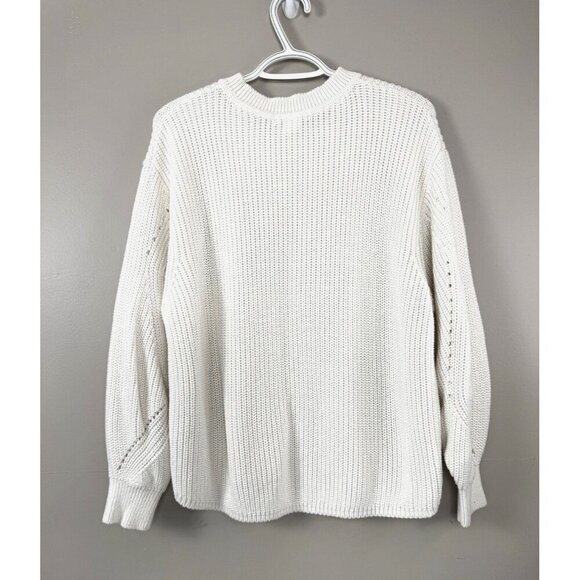 White Cable Knit Crewneck Sweater S Cozy Preppy Layer Minimalist Classic Cottage - Picture 2 of 7